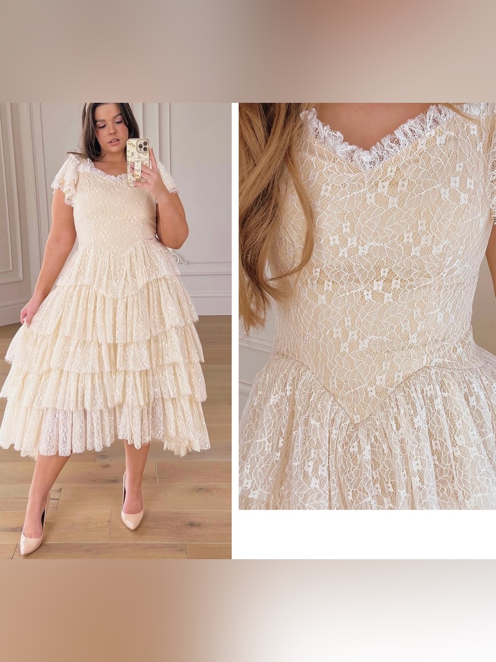 JessaKae Mia Dress Champagne Cream High Low Lace Midi Dress Romantic Size Large